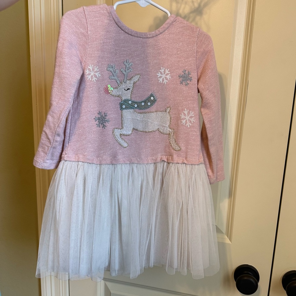 Mud Pie Pink Reindeer Dress with Tulle Skirt 4T